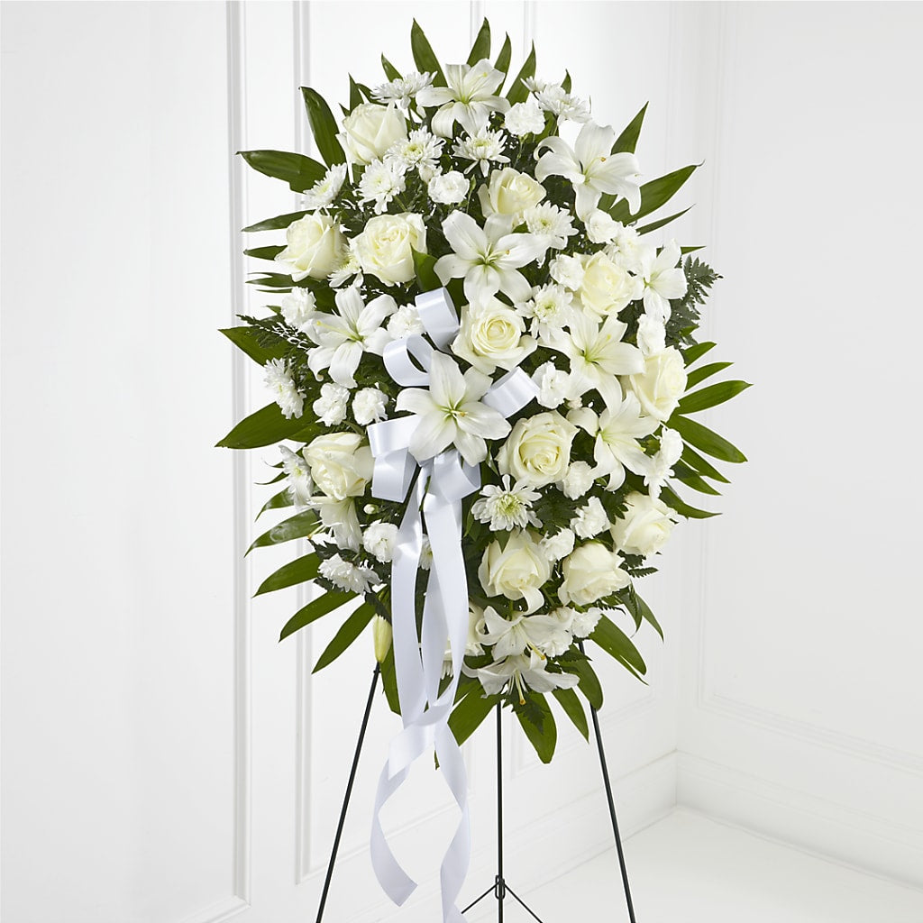 Exquisite Tribute Standing Spray-White Ribbon – Super Savers, Lincoln NE